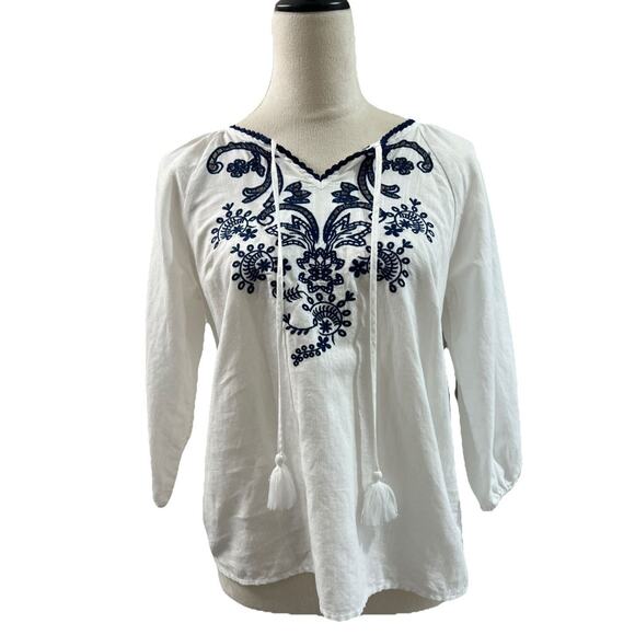 Talbots Popover Top Womens SP Linen Blend Embroidered Split Neck Tassels Boho - Picture 1 of 11